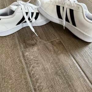 Adidas White Sneakers with Black Stripes